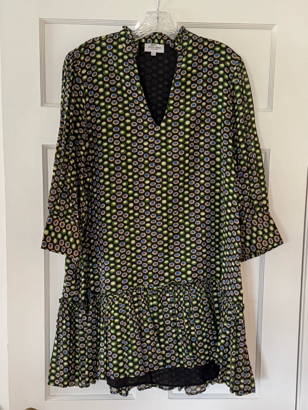 Olivia Moon Black & Green Printed V-Neck Ruffle Mini Dress